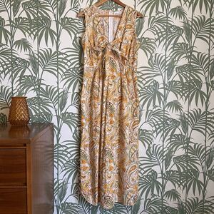 Chloe + Rene Tie V Neck Gold Green Paisley 100% Cotton Maxi Dress Size Small